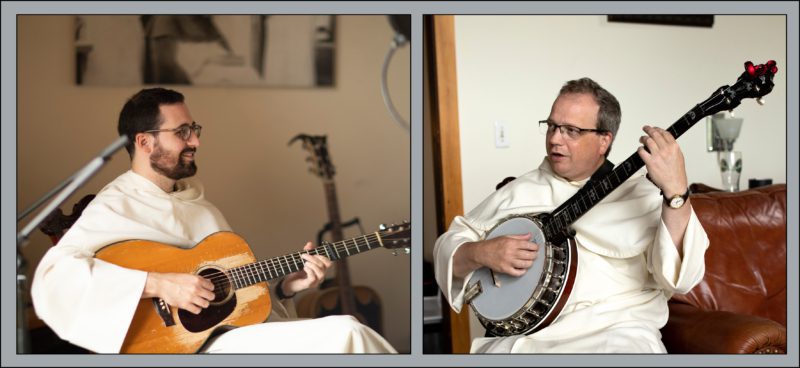 Two images of Dominicans: on the left, one sitting, smiling, and holding a guitar; on the right, one sitting and playing a banjo. 