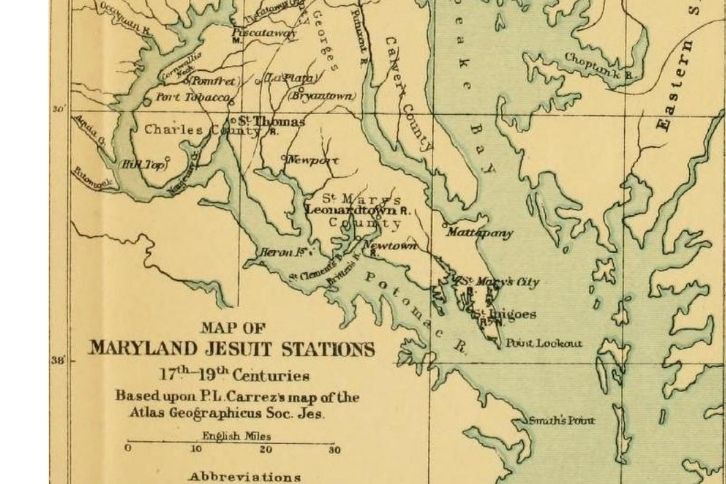 Map of Maryland Jesuits "Stations," including St. Inigoes, a Jesuit slaveholding plantation